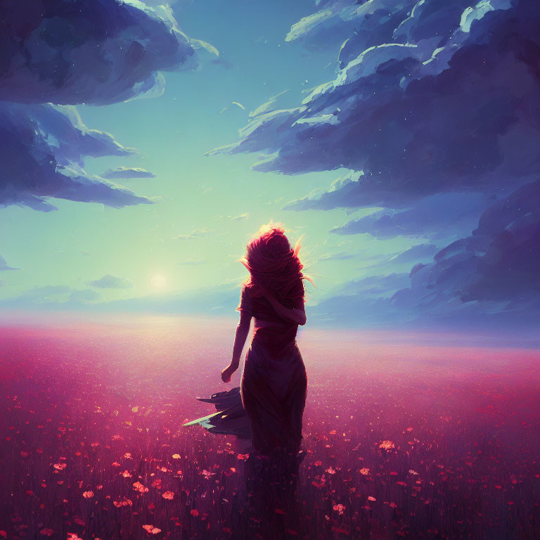 Woman standing in red flower field at sunset with book and dramatic sky