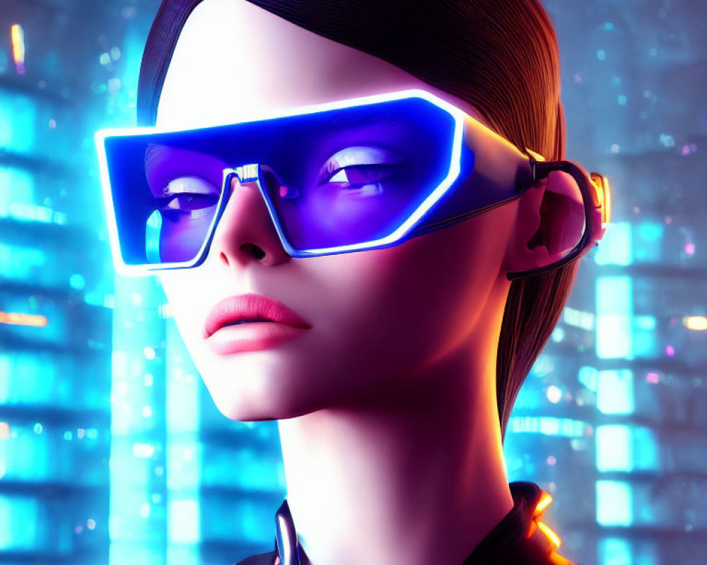 Futuristic digital artwork of woman with glowing blue neon glasses