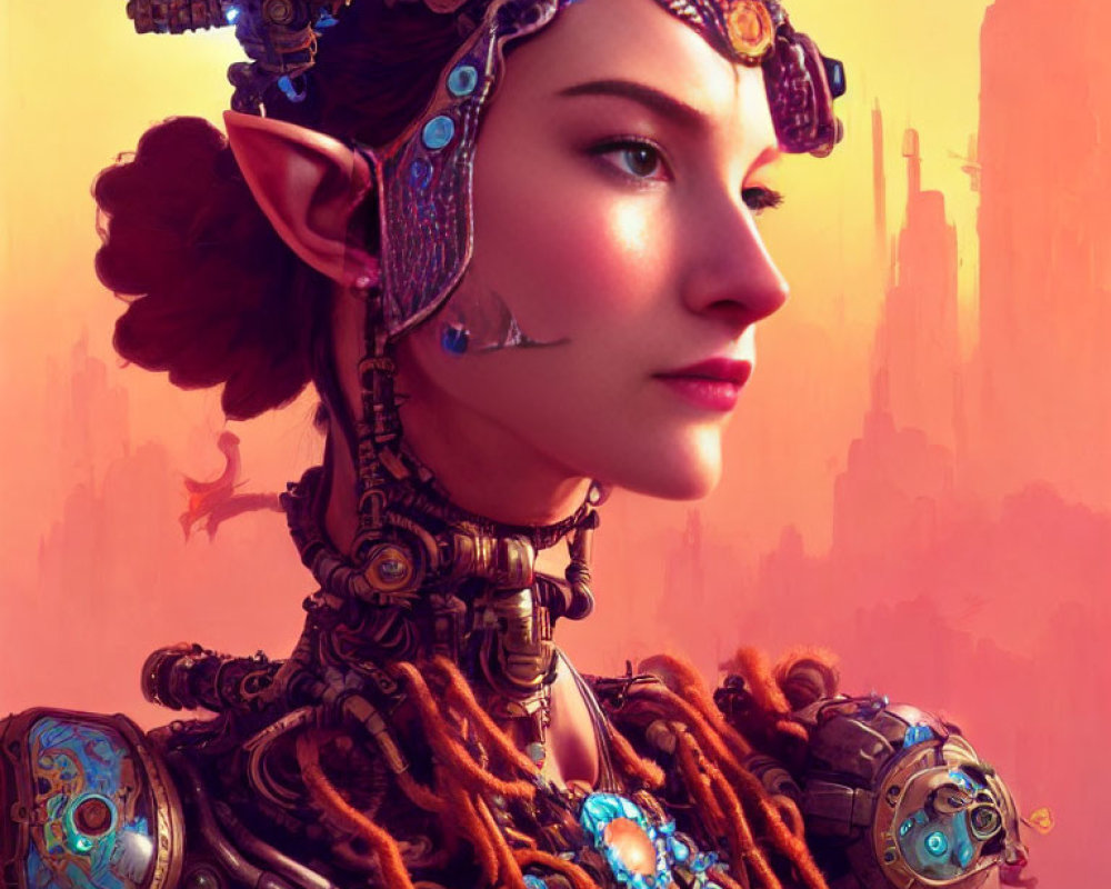 Female cyborg with elf-like ears and intricate headgear on pink backdrop