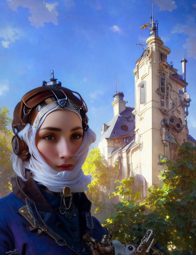 Steampunk-inspired woman with goggles in front of ornate building