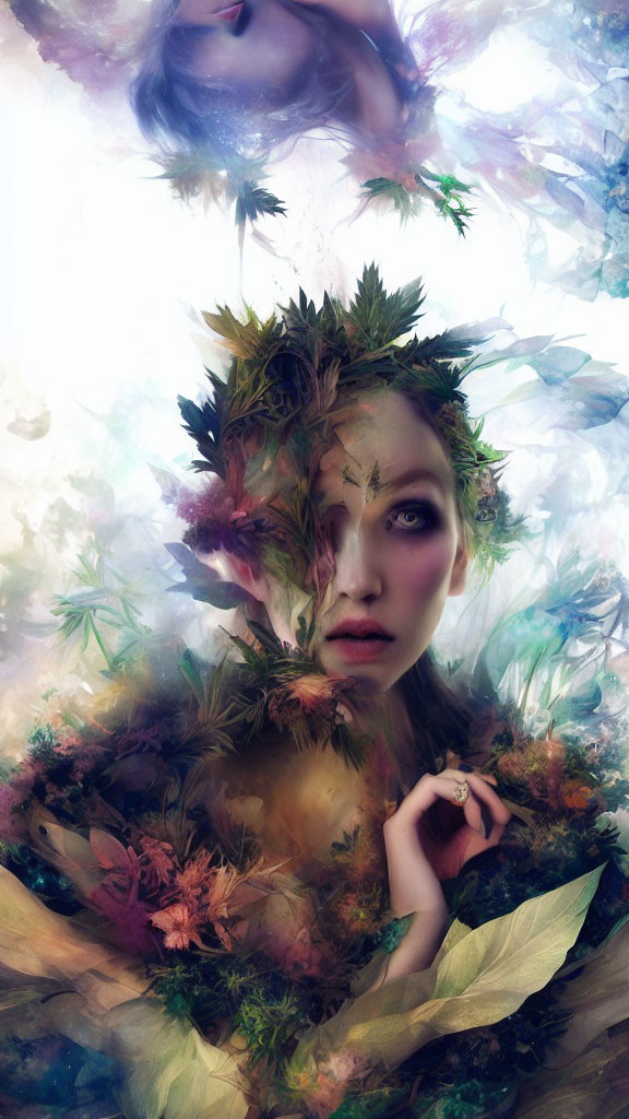 Woman's face merges with floral elements in surreal portrait