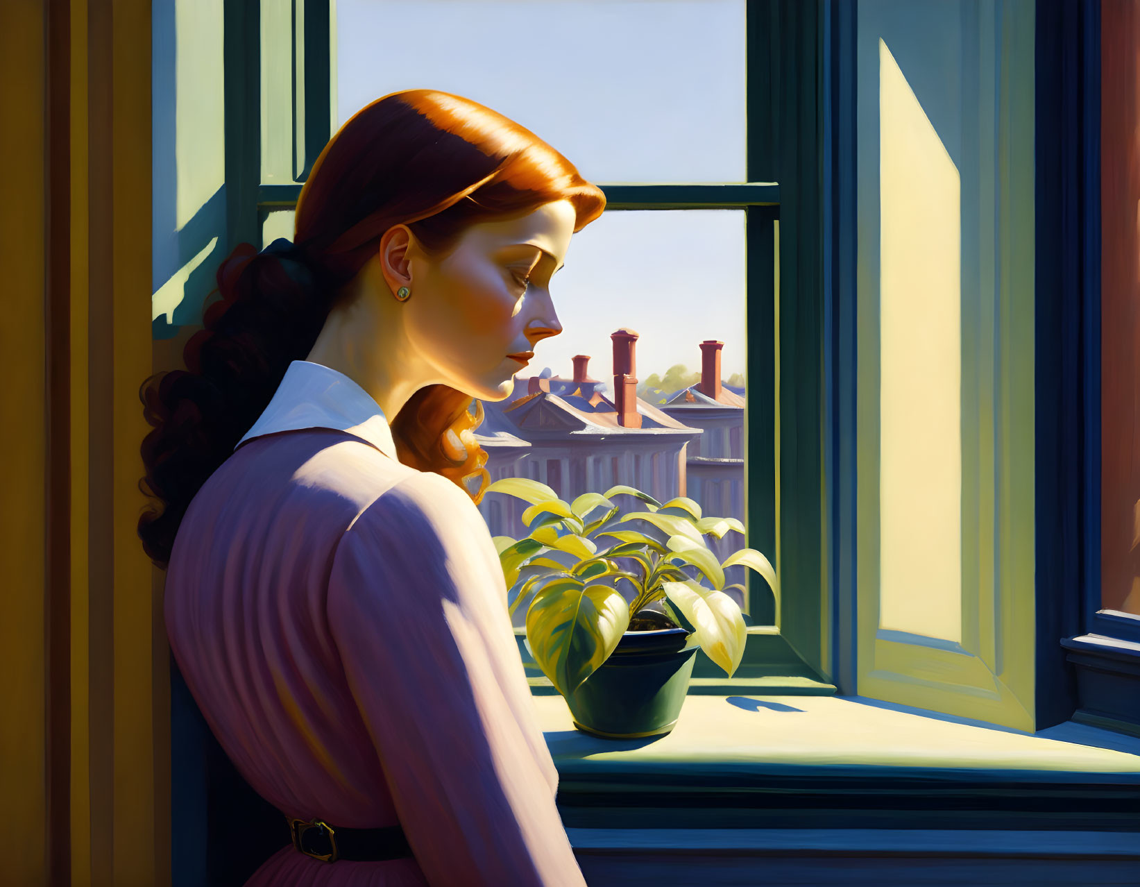 Auburn-haired woman gazes out window onto rooftops in sunlight