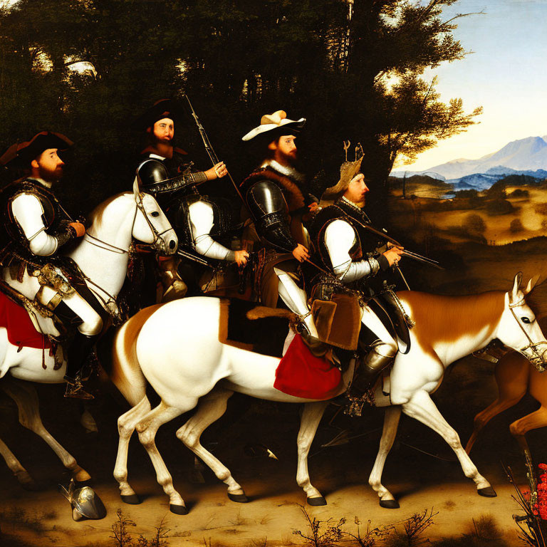 Four Renaissance horsemen in armor riding through forest with mountains.