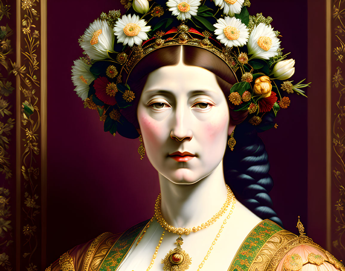Digital portrait of regal woman with floral crown, braided hairstyle, gold jewelry, rich clothing,
