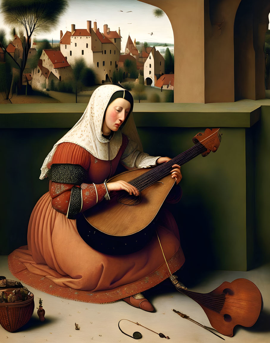 Traditional attire woman playing lute with flowers and broken instrument in village scene