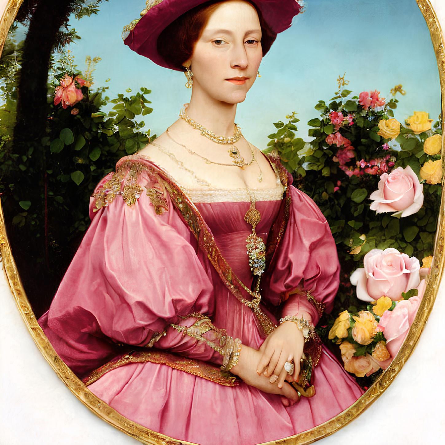 Renaissance woman in pink dress with hat in floral setting