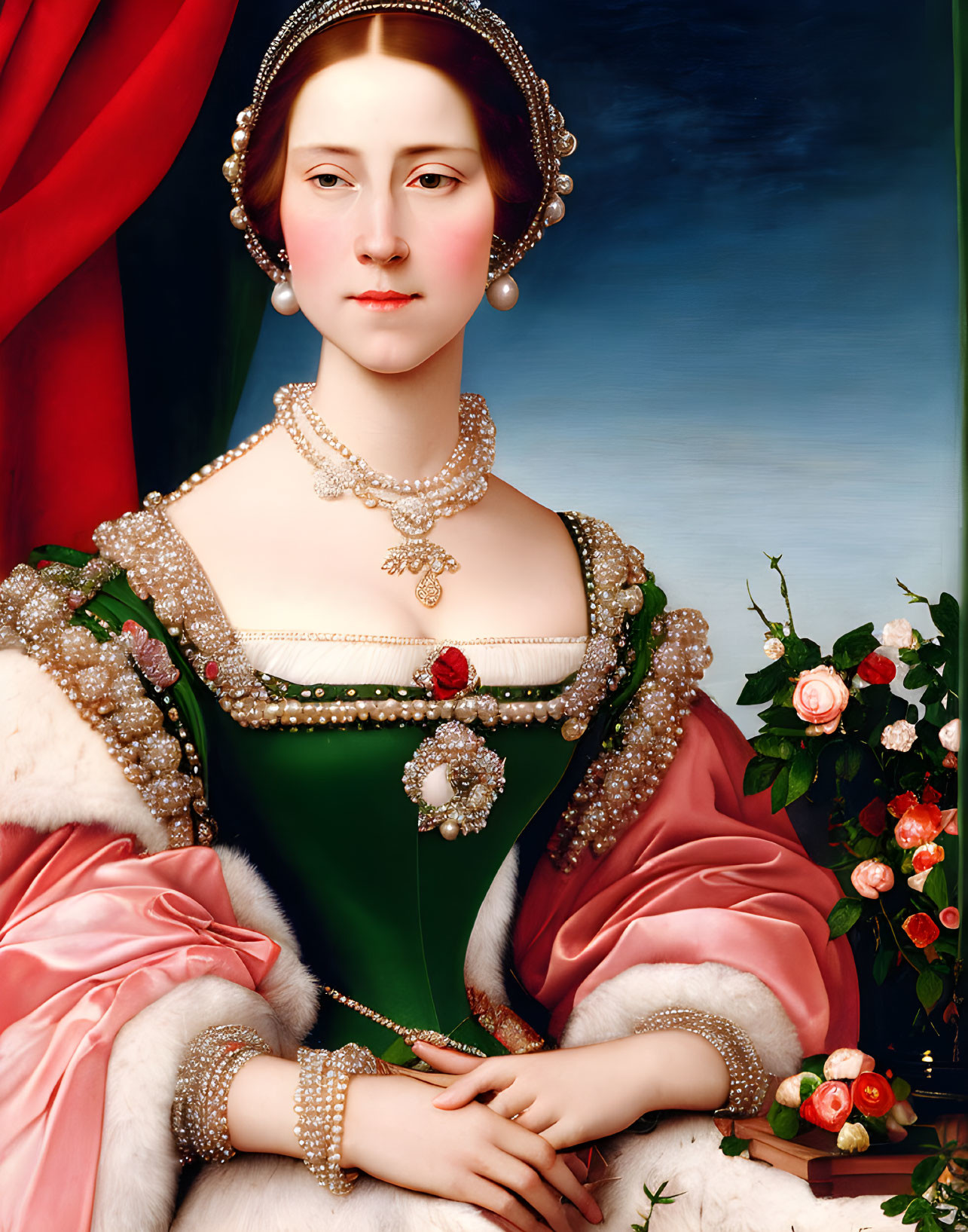 Portrait of woman with auburn hair in green dress with pink sleeves and pearls, beside vase of