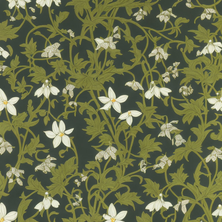 Green and white floral pattern on dark green background