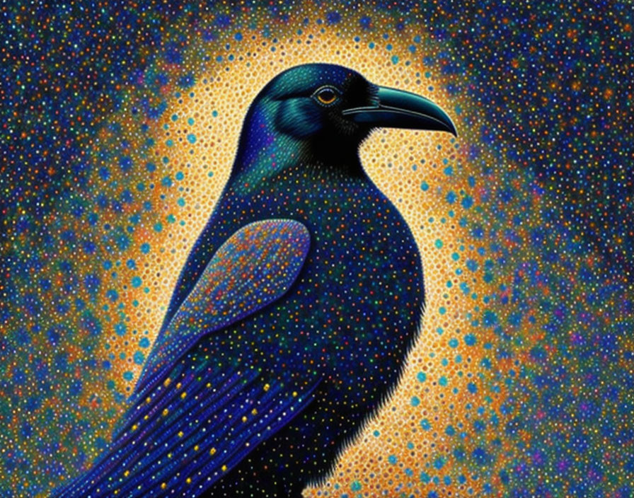 Colorful Raven Illustration on Starry Background with Blue and Orange Hues
