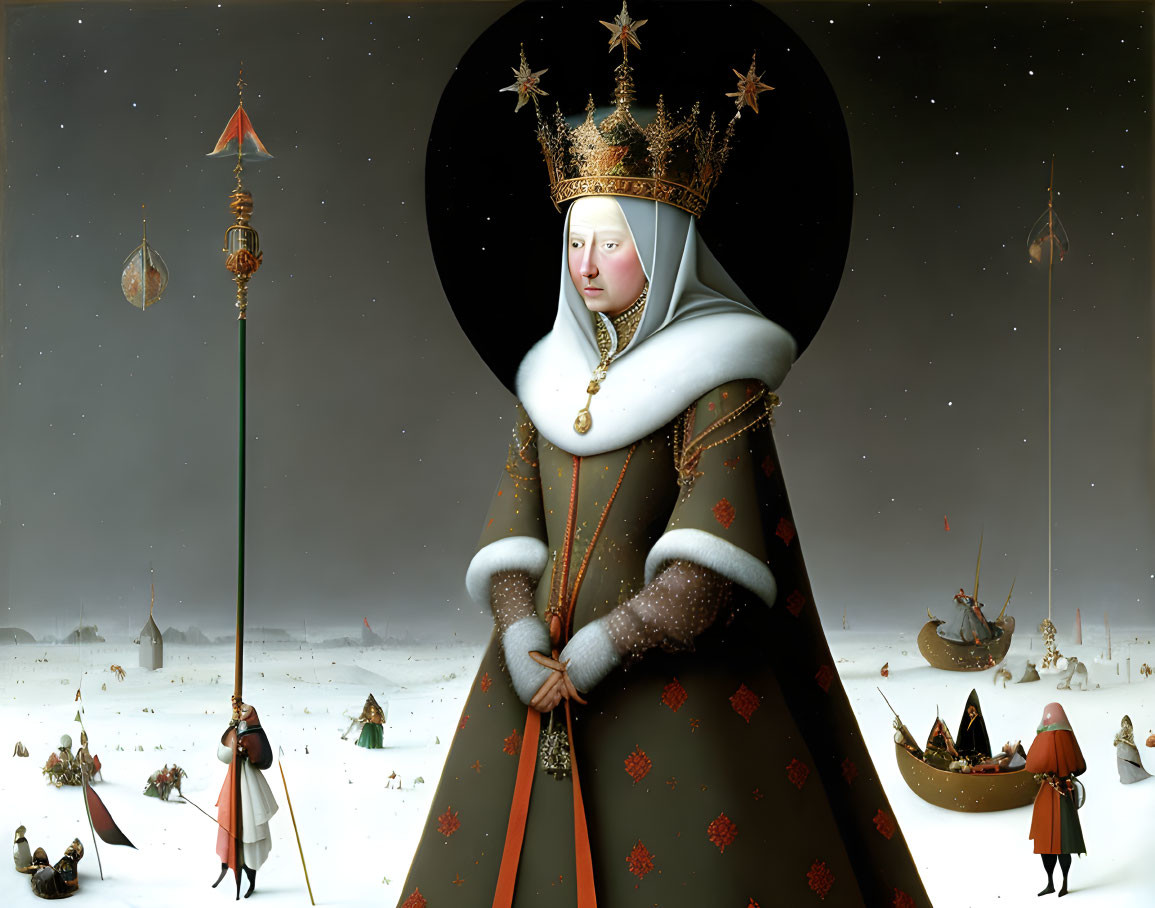 Surrealist painting of solemn-faced queen in white cloak and golden crown in whimsical landscape