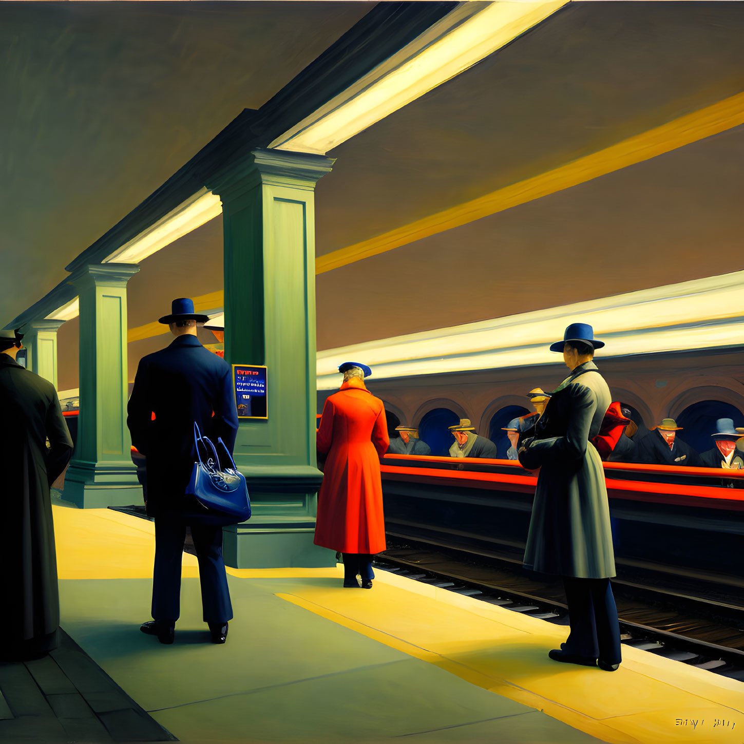 Vibrant painting of people on train platform with strong light and color contrast