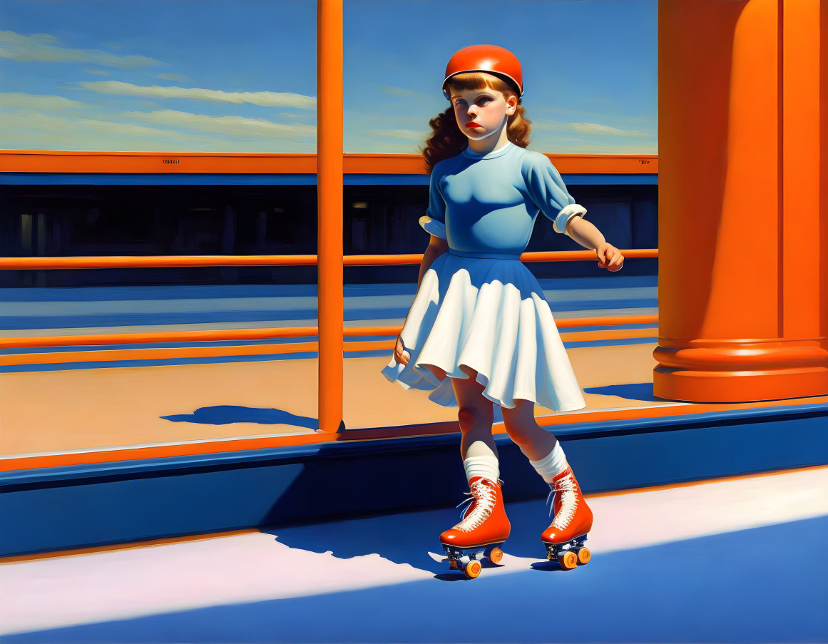 Girl roller-skating near orange pillars under clear blue sky