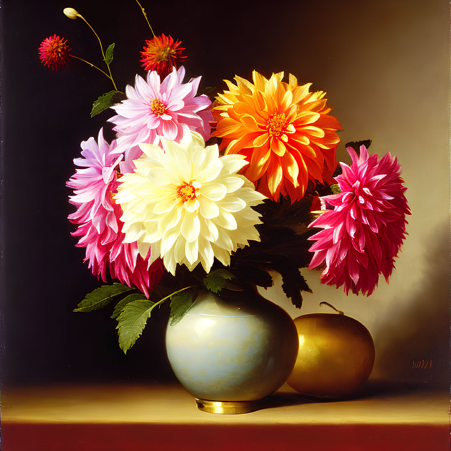 Colorful oil painting of assorted dahlias in teal vase with golden apple