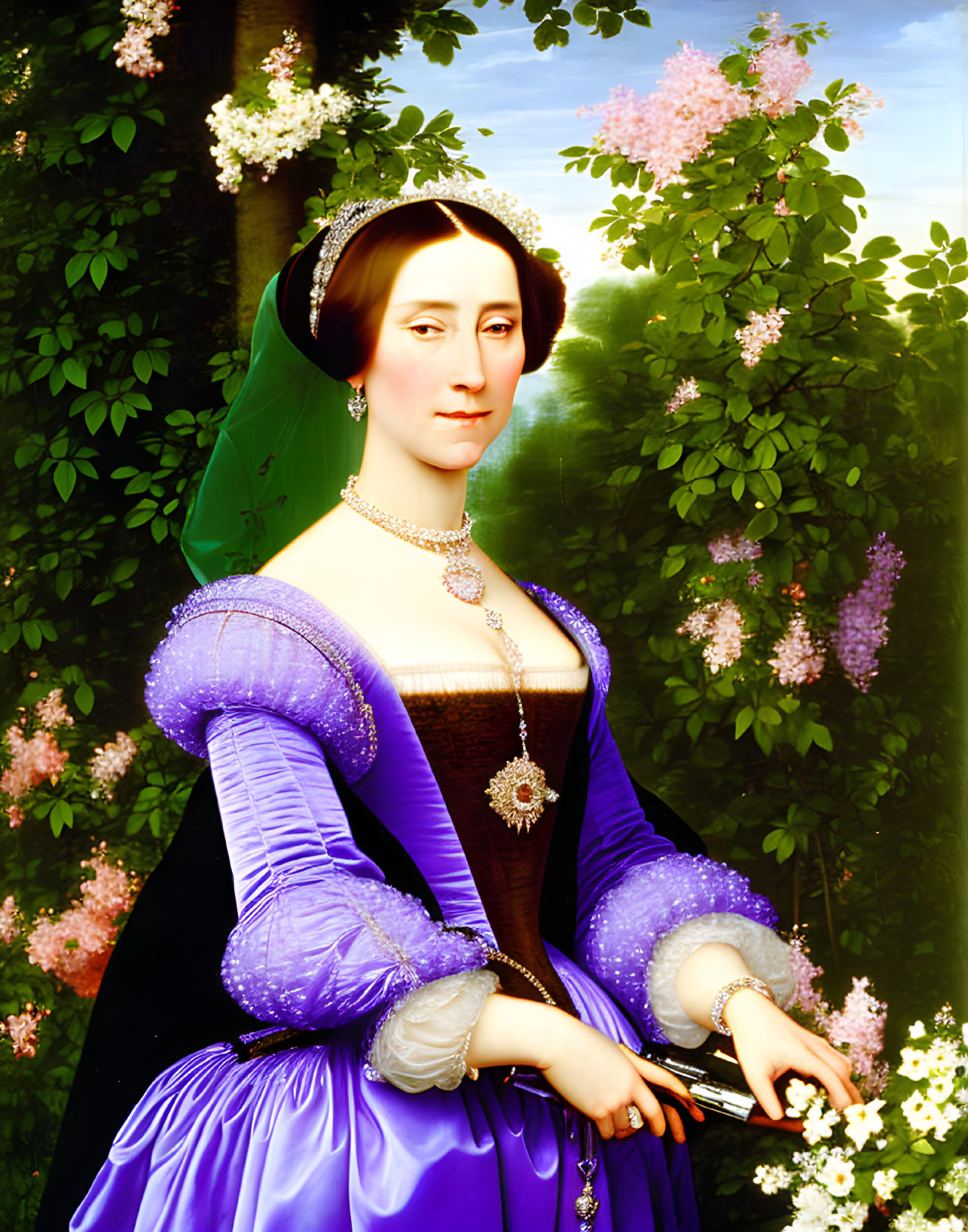 Portrait of Woman in Purple Gown with Headpiece and Jewelry