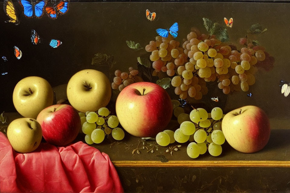 Classic still life painting: ripe apples, green grapes, red cloth, and butterflies on dark backdrop