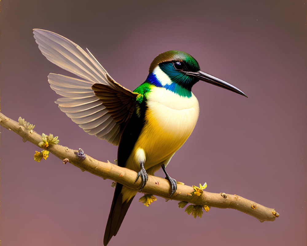 Colorful Bird with Green, Yellow, White, and Blue Plumage Perched on Branch