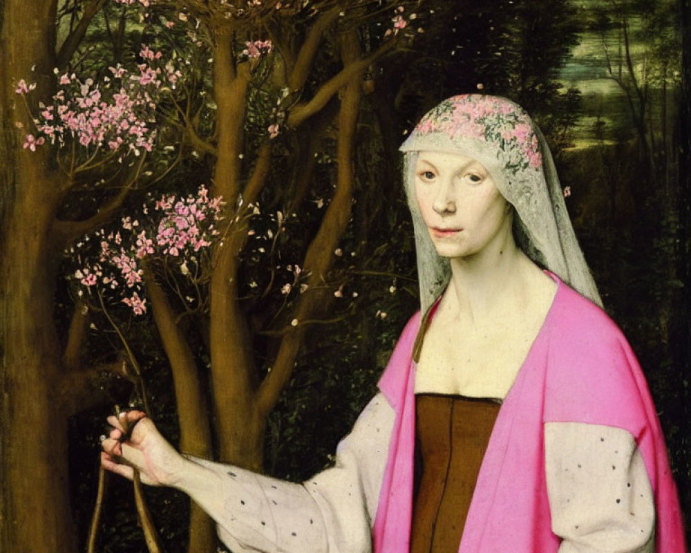 Renaissance painting of serene woman in pink shawl by blooming tree