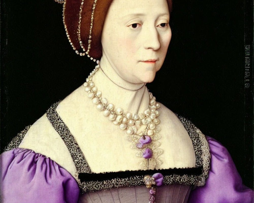 Historical era portrait of woman in purple dress with pearl necklace