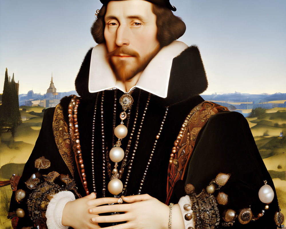 Renaissance-era man portrait in ornate attire and landscape background