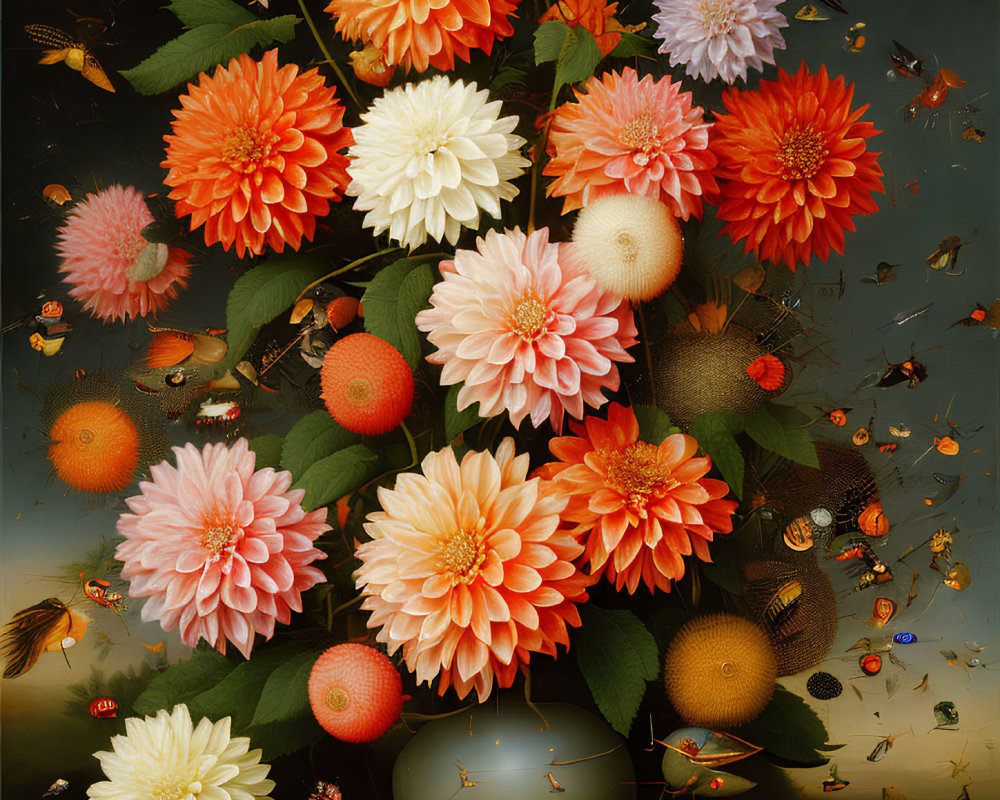 Colorful Dahlia Flower Bouquet with Insects, Fruits, and Green Leaves on Dark Background