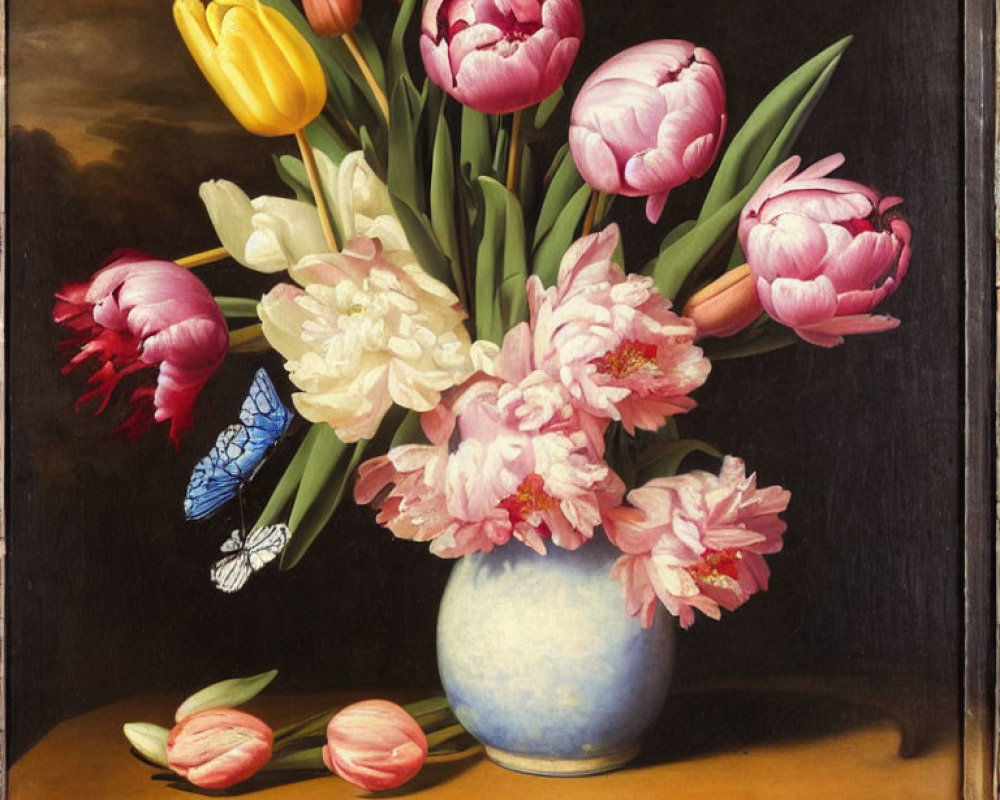 Vibrant tulips and peonies in blue vase with butterfly - Still-life painting