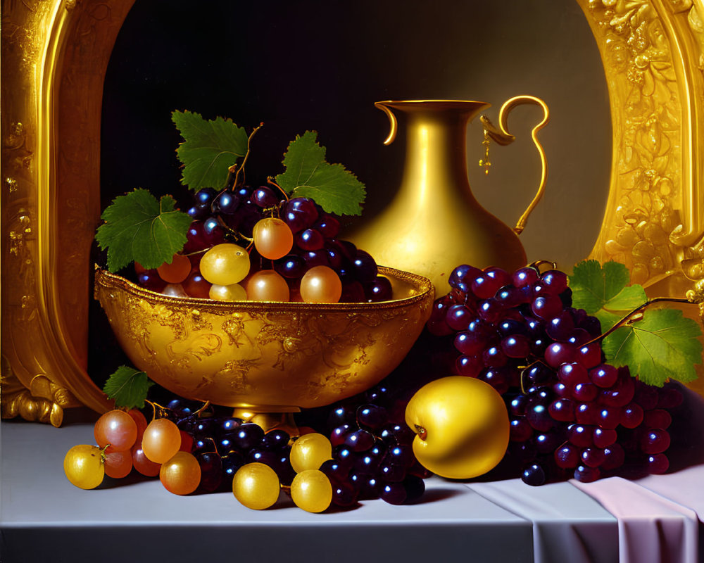 Golden bowl, jug, fruits, and ornate frame in still life.