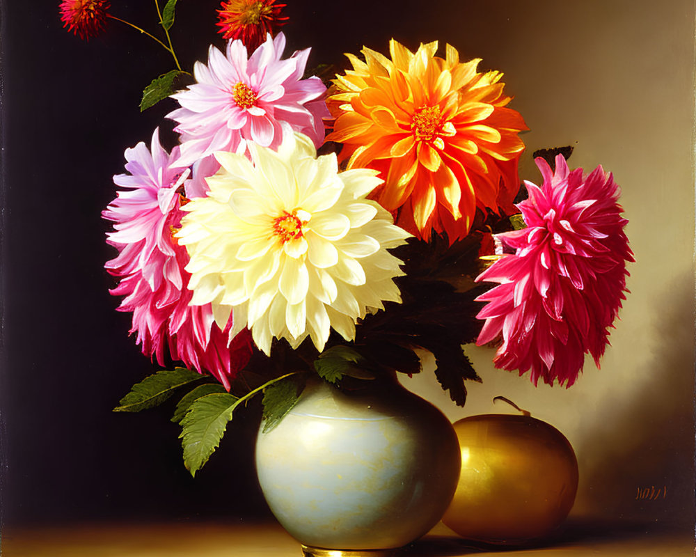 Colorful oil painting of assorted dahlias in teal vase with golden apple