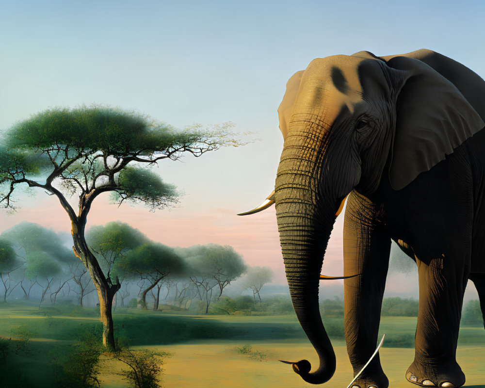 Tranquil savanna landscape with elephant under serene sky