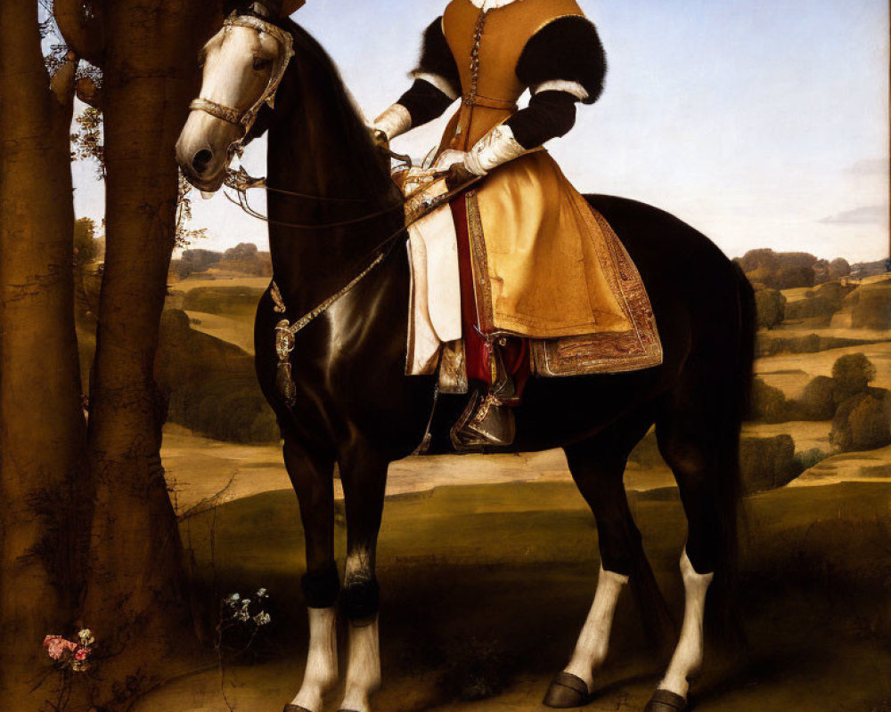Tudor-era woman on horse in serene landscape