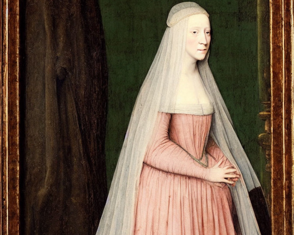 Portrait of woman in pink dress with white headdress and veil, hands clasped