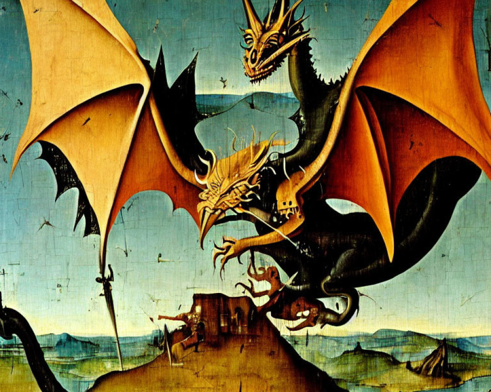 Medieval-style painting of a dragon breathing fire on a rocky outcrop.