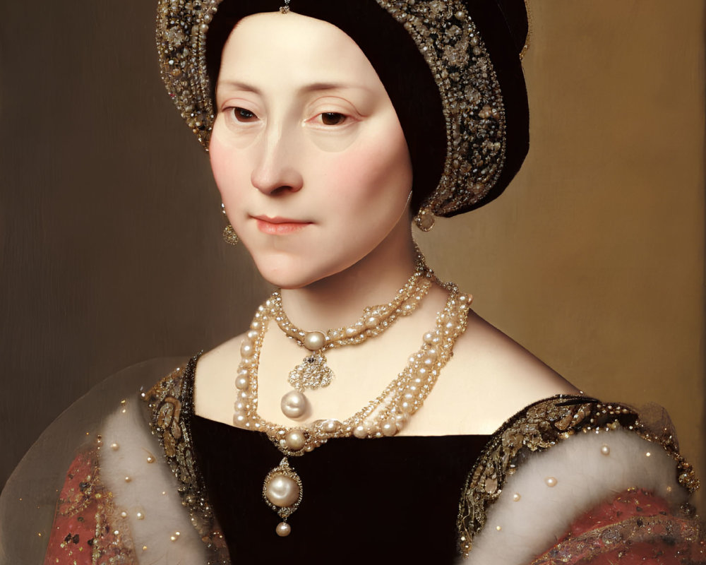 Renaissance woman portrait in pearl headdress and red sleeves