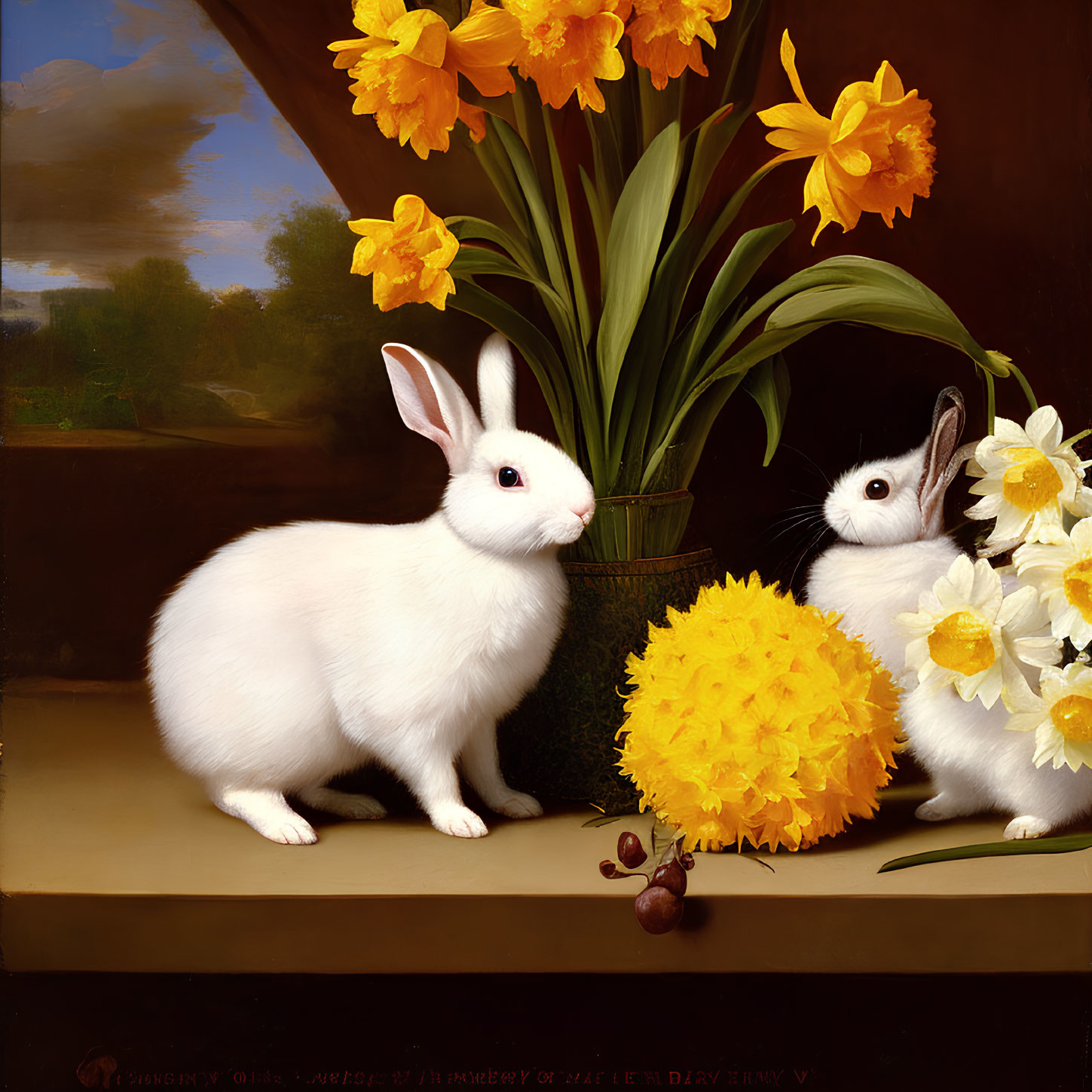 Still life painting: daffodils, rabbits, chestnuts on wooden surface