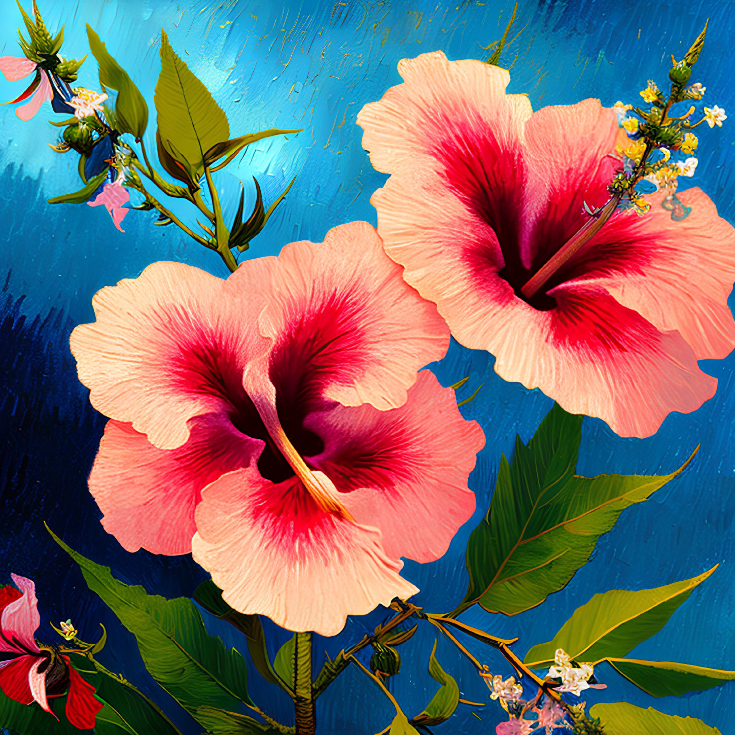 Vibrant pink hibiscus flowers on textured blue background