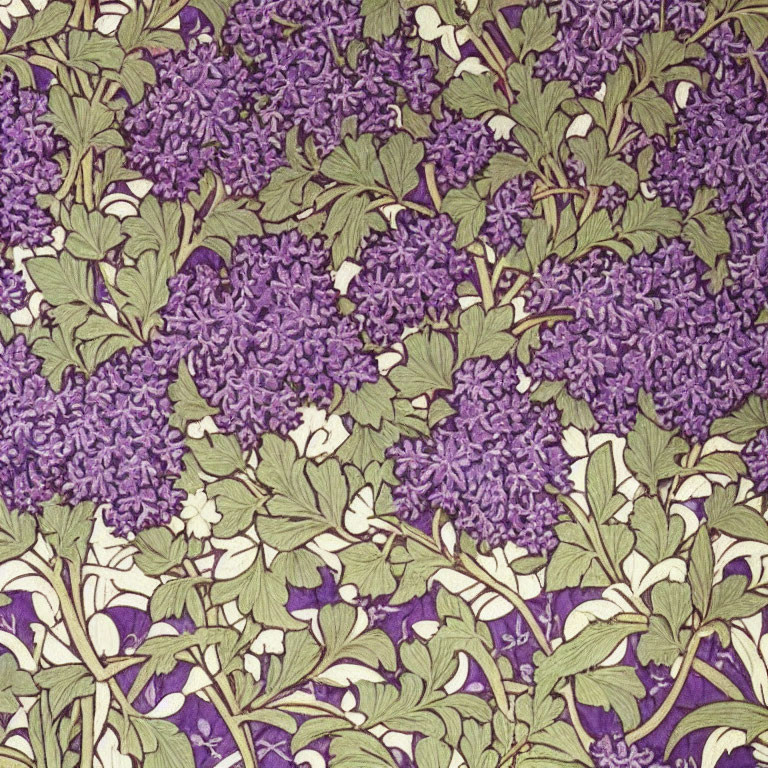 Detailed purple lilacs and green leaves pattern on vintage-style background
