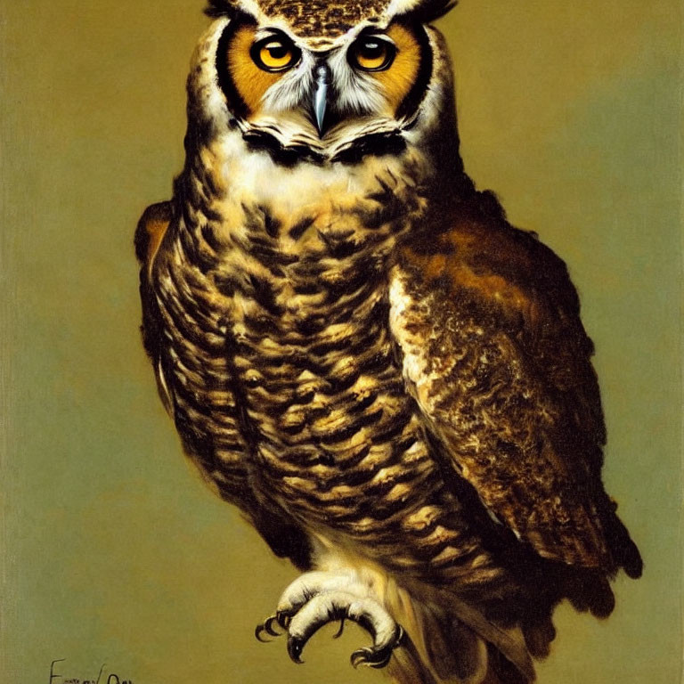 Detailed Realistic Painting of Great Horned Owl Perched