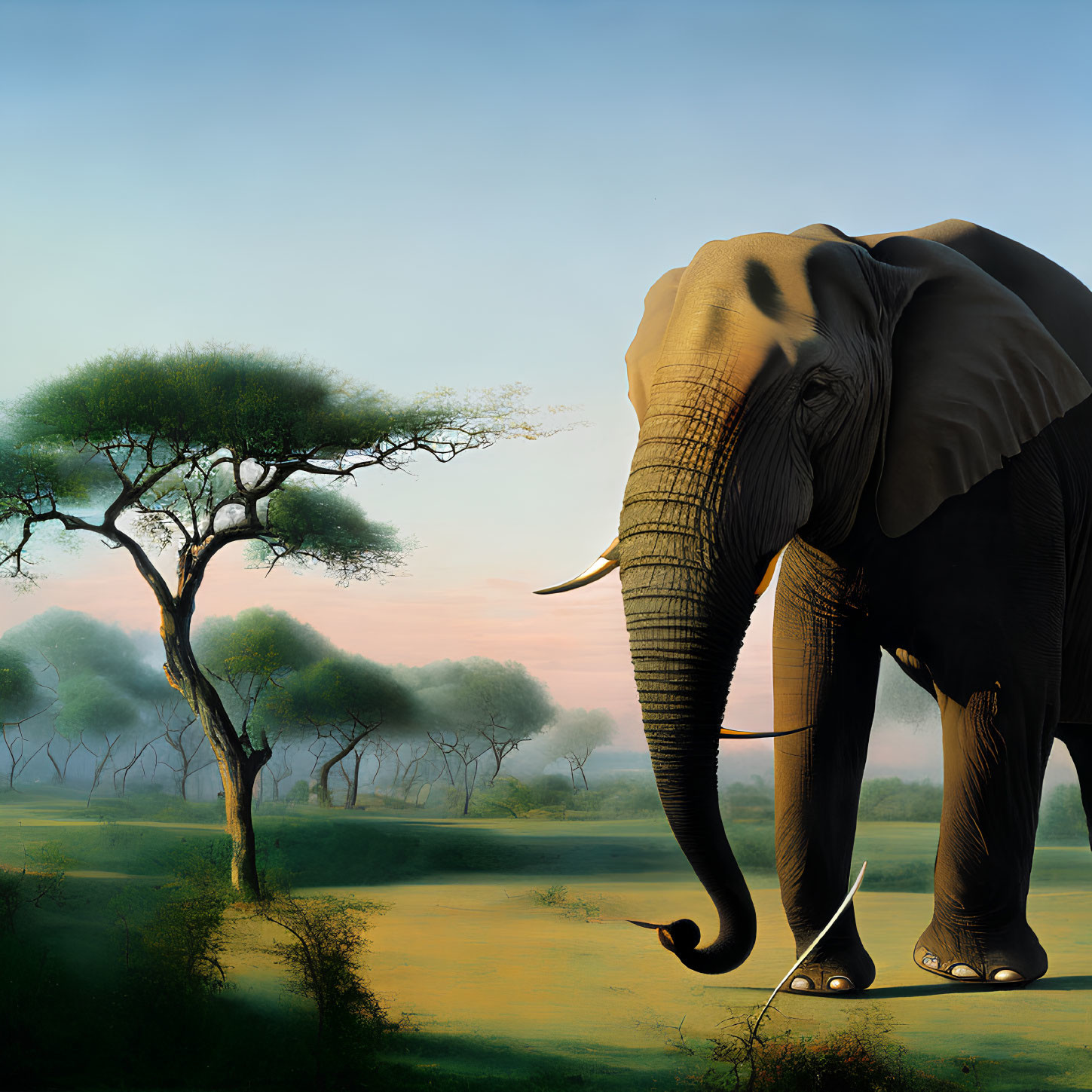 Tranquil savanna landscape with elephant under serene sky