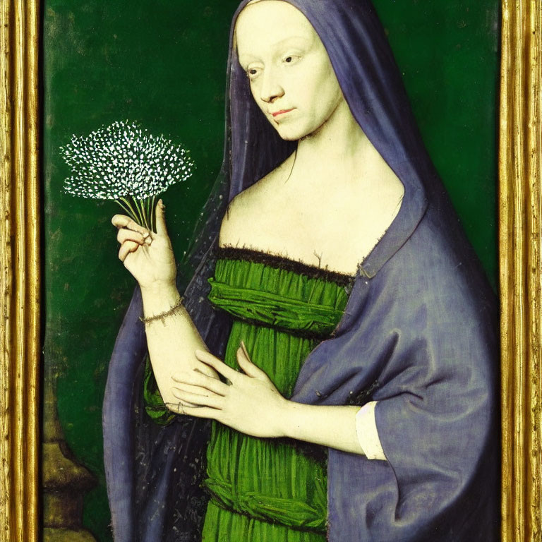 Medieval painting: Woman in blue headscarf, green dress, holding white flowers.