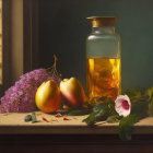 Still life painting with glass bottle, fruits, flowers, and petals on window ledge