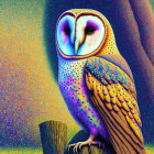 Colorful Owl Perched on Stump with Cosmic Background