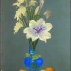 Blue vase with lilies, lemons, and white sphere on tabletop