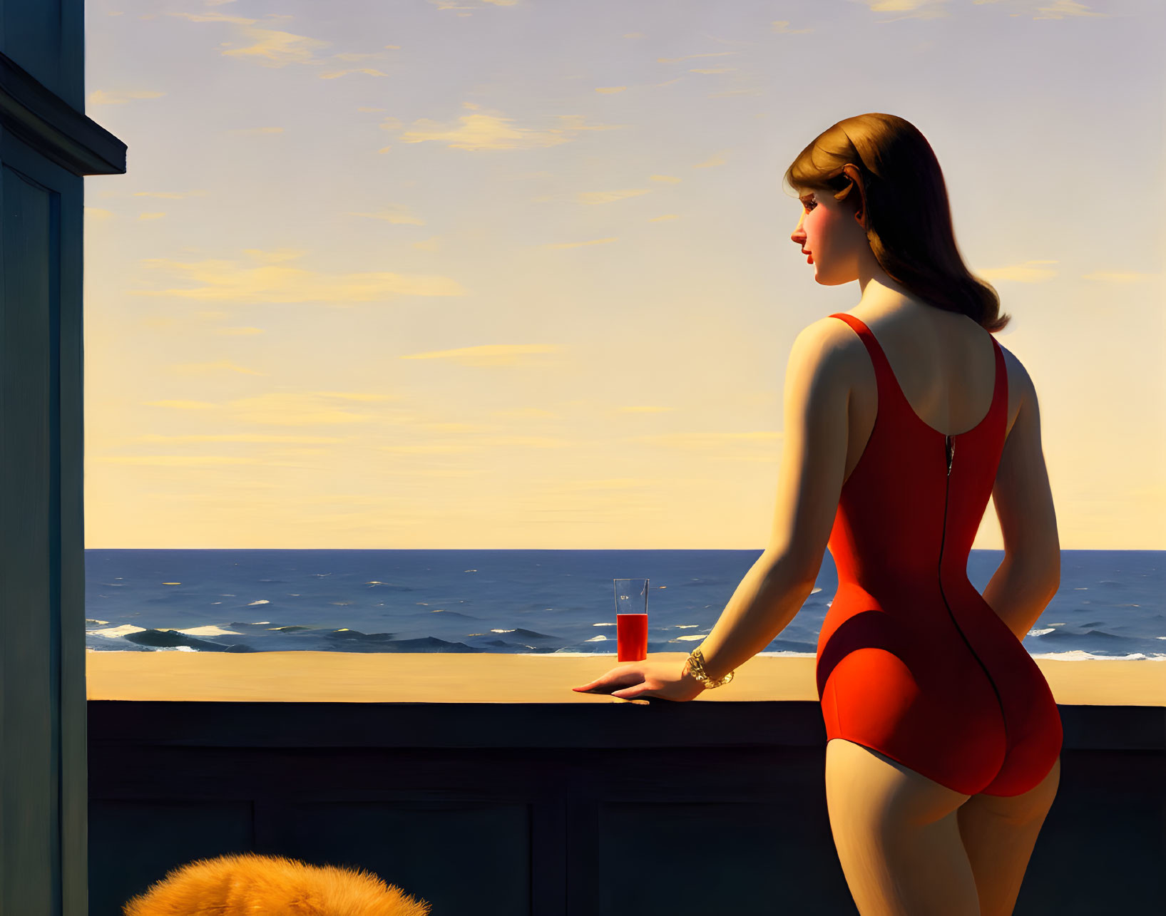 Woman in Red Swimsuit on Balcony with Drink and Orange Object