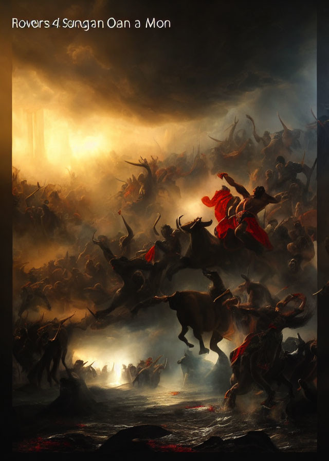 Dark battlefield scene with central figure on horseback in red cape amidst chaotic combat under stormy sky