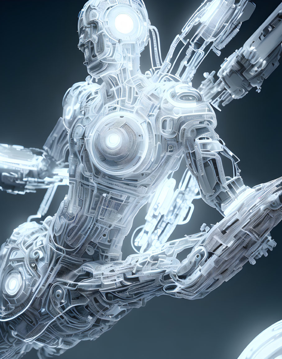 Detailed 3D Illustration of Glowing Humanoid Robot on Grey Background