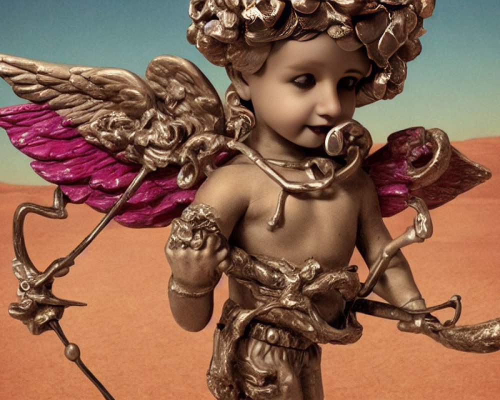 Cherub Digital Artwork: Pink Wings, Golden Attire, Bow & Arrow