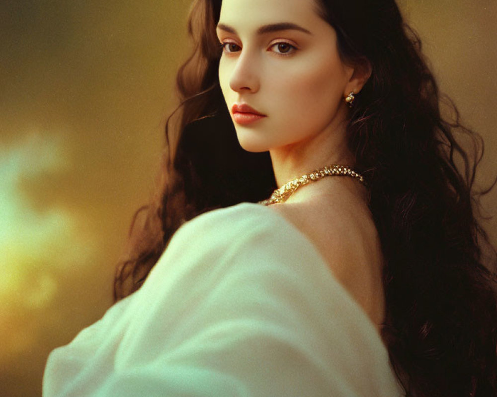Dark-haired woman in white drape with golden necklace gazes back.