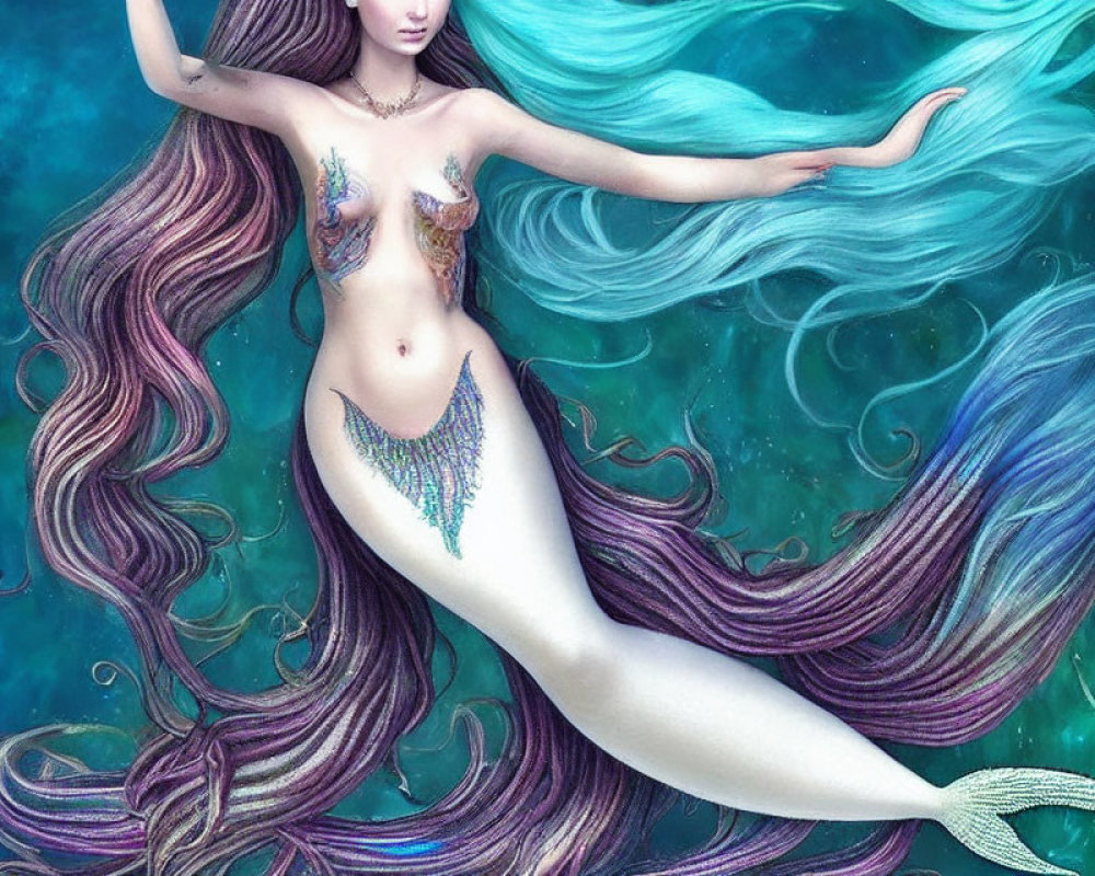 Vibrant mermaid illustration with flowing hair and shimmering tail on blue aquatic backdrop