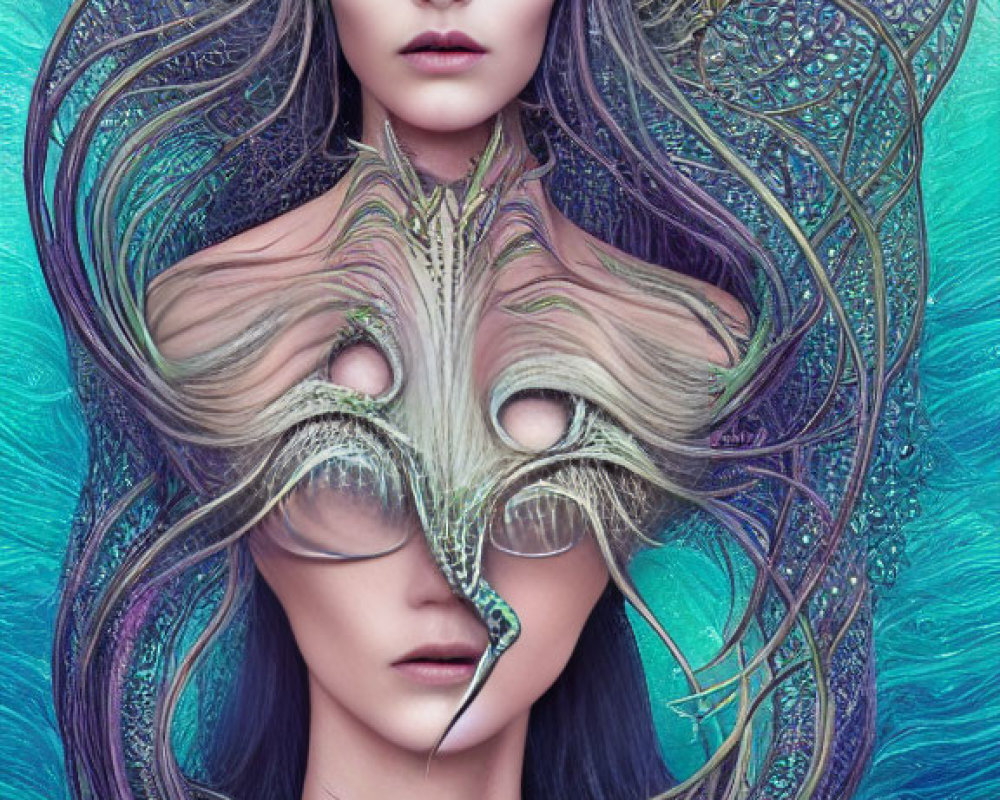 Fantasy-themed digital artwork featuring two women in peacock-inspired attire