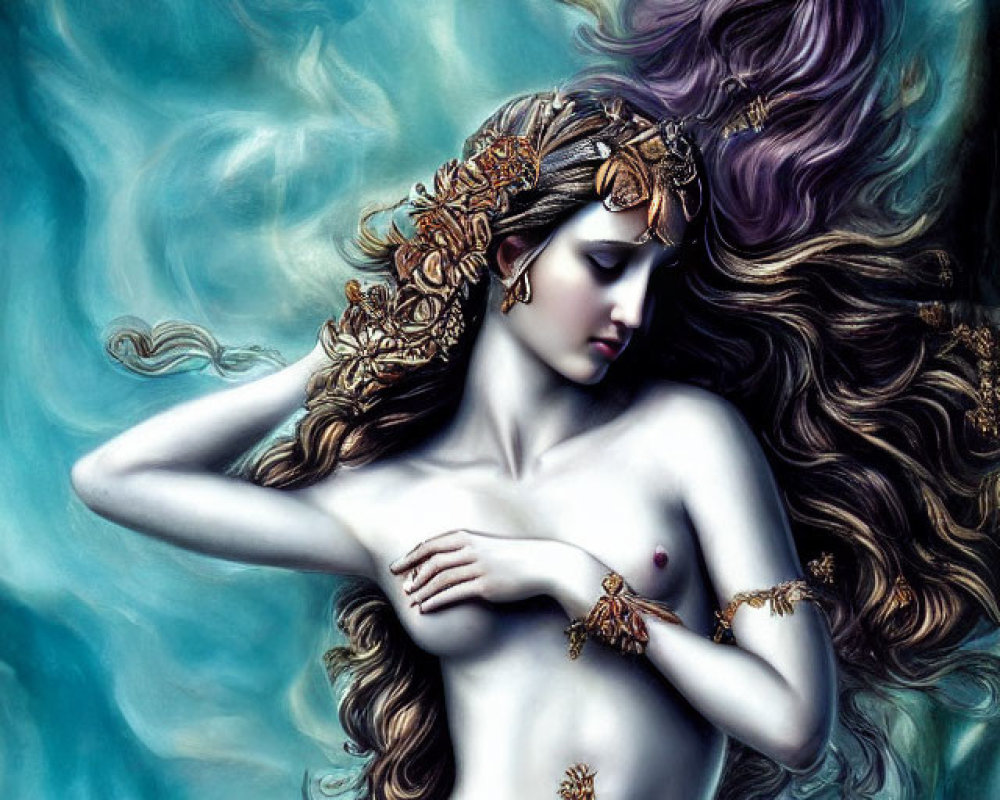 Mythical siren illustration with ornate headgear and jewelry