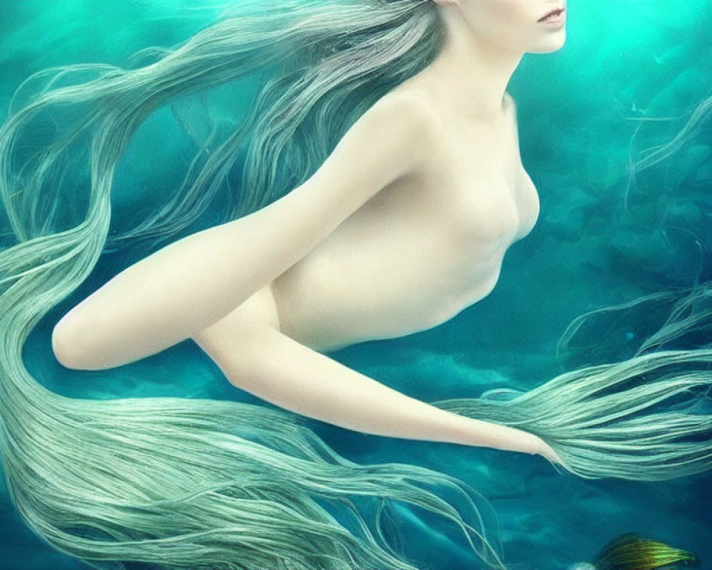 Ethereal underwater scene with serene mermaid and flowing hair